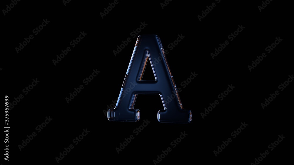 Poster 3d rendering glass symbol of font isolated on black with reflection