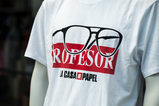 Mulhouse - France - 23 August 2020 - Closeup Of La Casa De Papel Logo On  On White Tee Shirt For Men In A Fashion Store Showroom