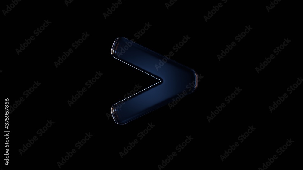 Poster 3d rendering glass symbol of greater than isolated on black with reflection