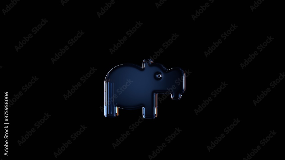 Poster 3d rendering glass symbol of hippo isolated on black with reflection