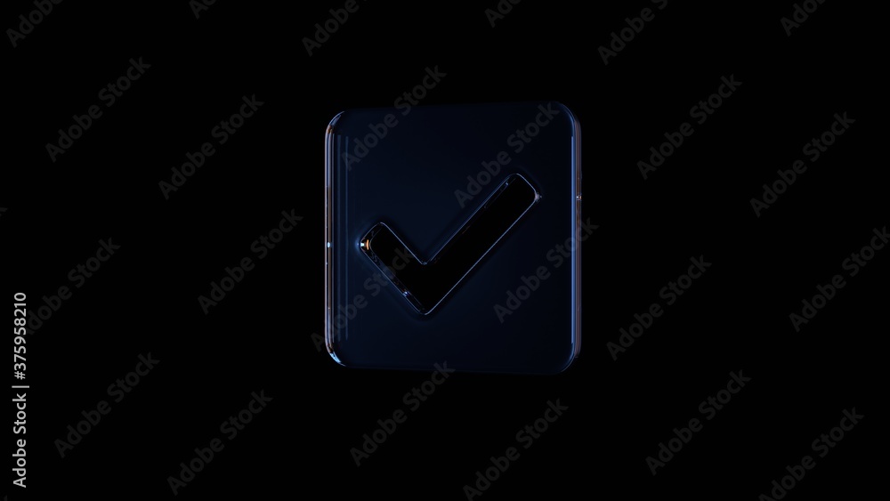 Poster 3d rendering glass symbol of check square isolated on black with reflection