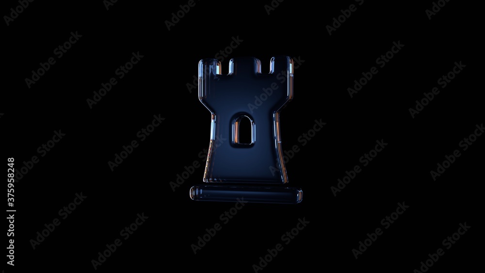Poster 3d rendering glass symbol of chess rook isolated on black with reflection