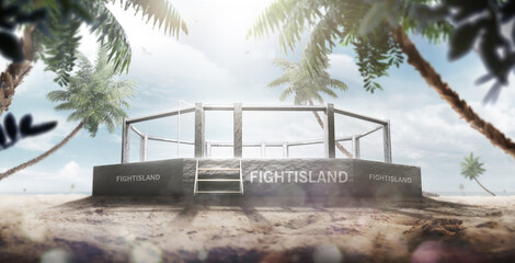 MMA arena on the fight island. Octagon on the sand. Palm trees, sun, sand. New MMA location. Sport