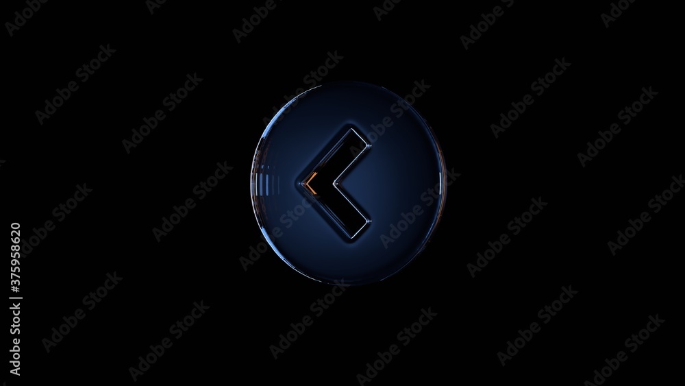 Poster 3d rendering glass symbol of left arrow isolated on black with reflection