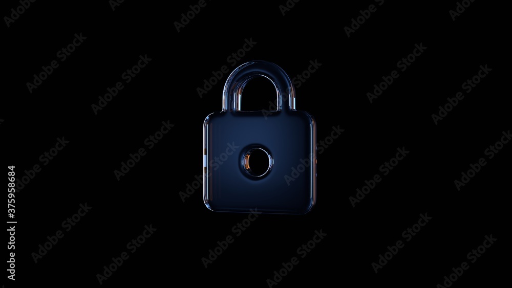 Poster 3d rendering glass symbol of locked padlock isolated on black with reflection