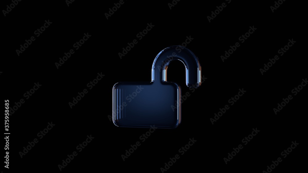 Poster 3d rendering glass symbol of lock open isolated on black with reflection
