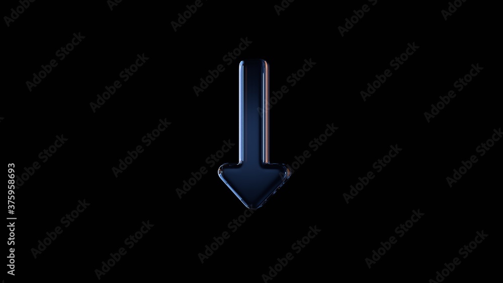 Poster 3d rendering glass symbol of long arrow down isolated on black with reflection