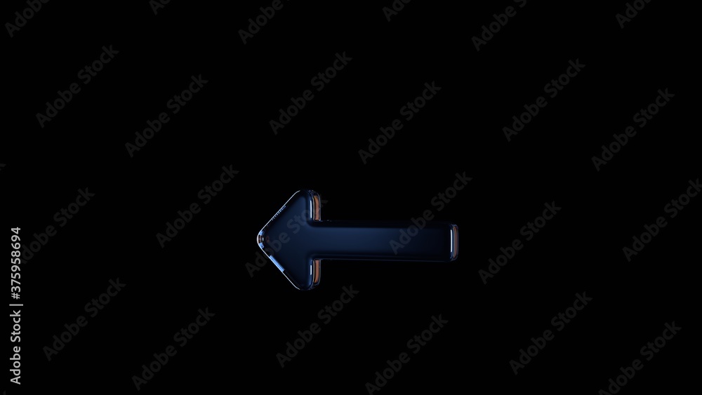 Poster 3d rendering glass symbol of long arrow left isolated on black with reflection