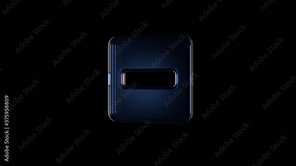 Poster 3d rendering glass symbol of minus square isolated on black with reflection