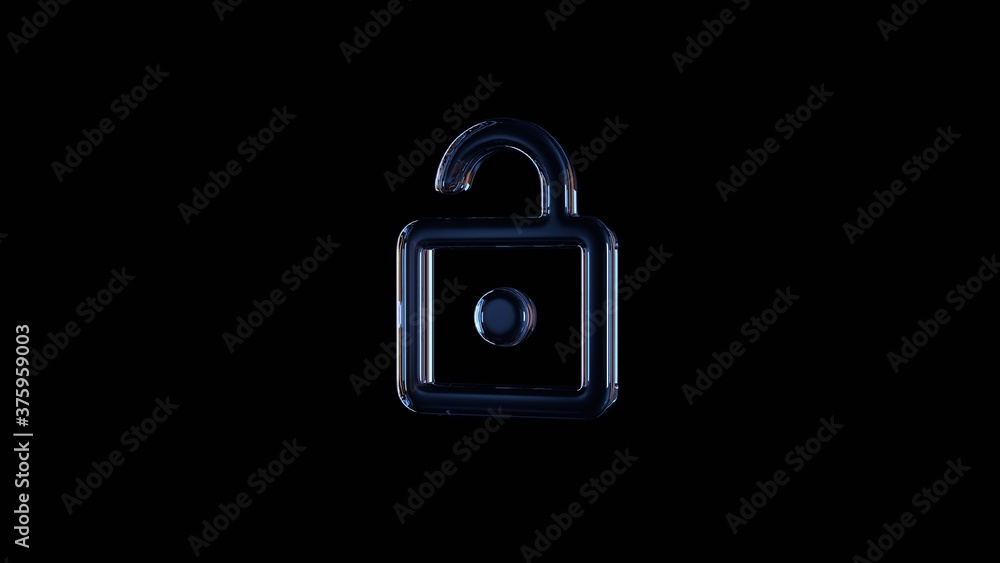 Poster 3d rendering glass symbol of open isolated on black with reflection