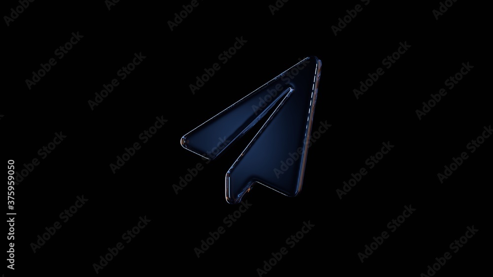 Poster 3d rendering glass symbol of paper plane isolated on black with reflection