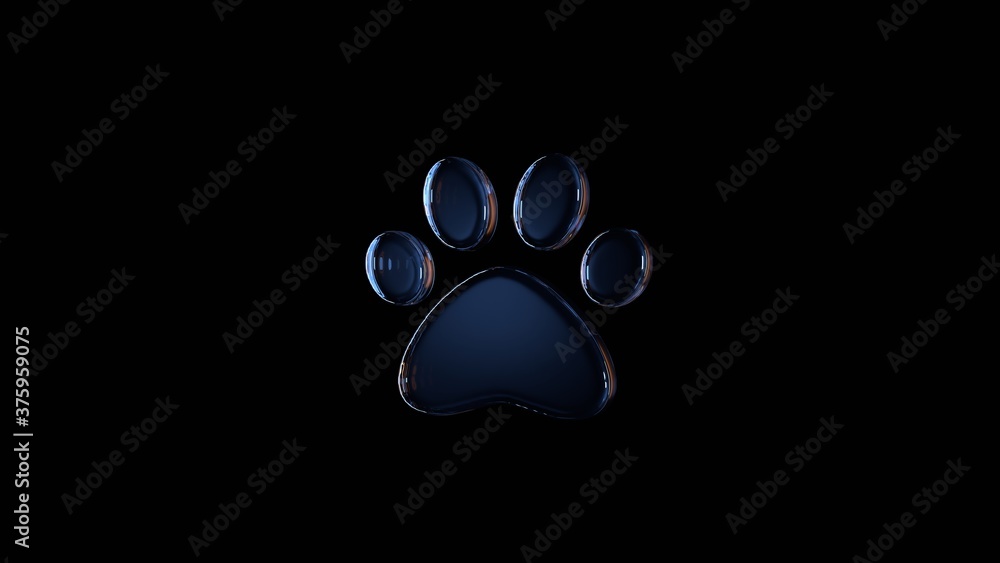 Poster 3d rendering glass symbol of paw isolated on black with reflection