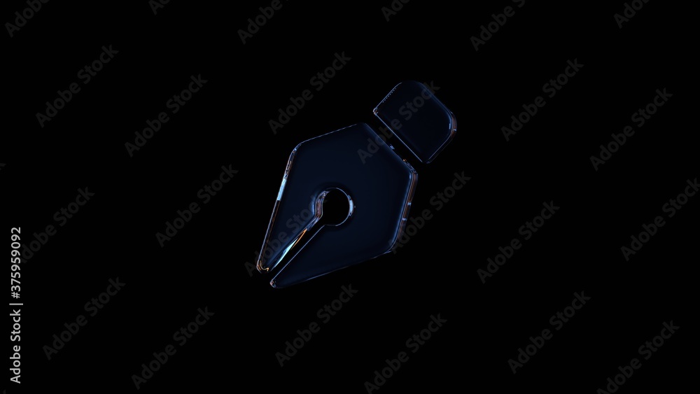 Poster 3d rendering glass symbol of pen nib isolated on black with reflection