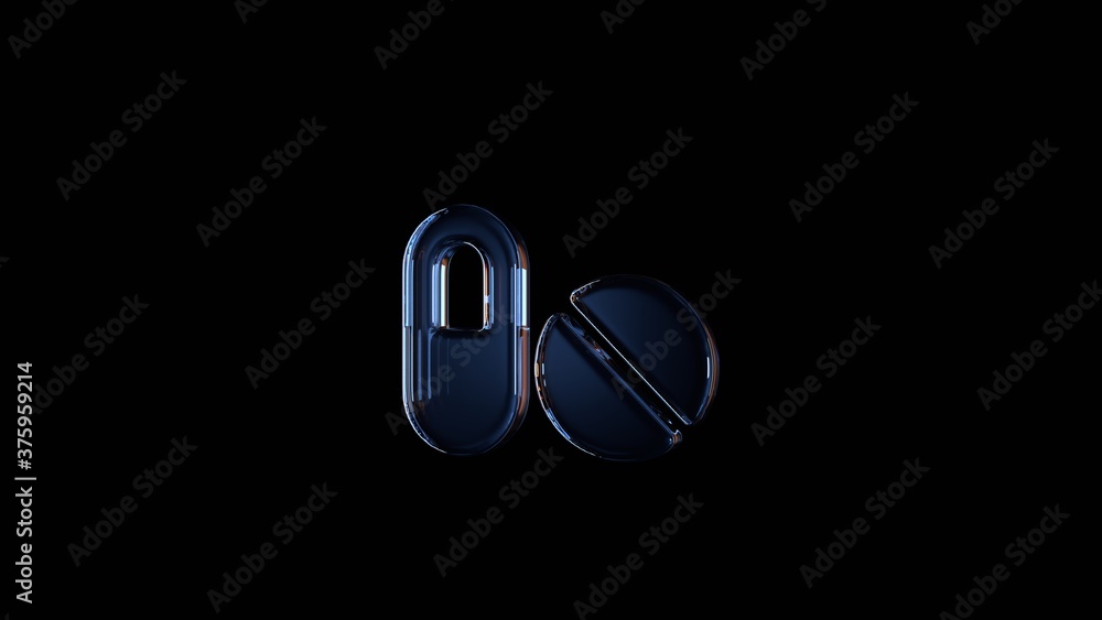 Poster 3d rendering glass symbol of pills isolated on black with reflection