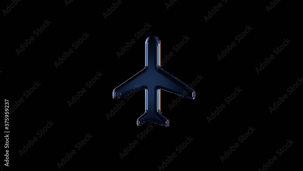 Poster 3d rendering glass symbol of plane isolated on black with reflection
