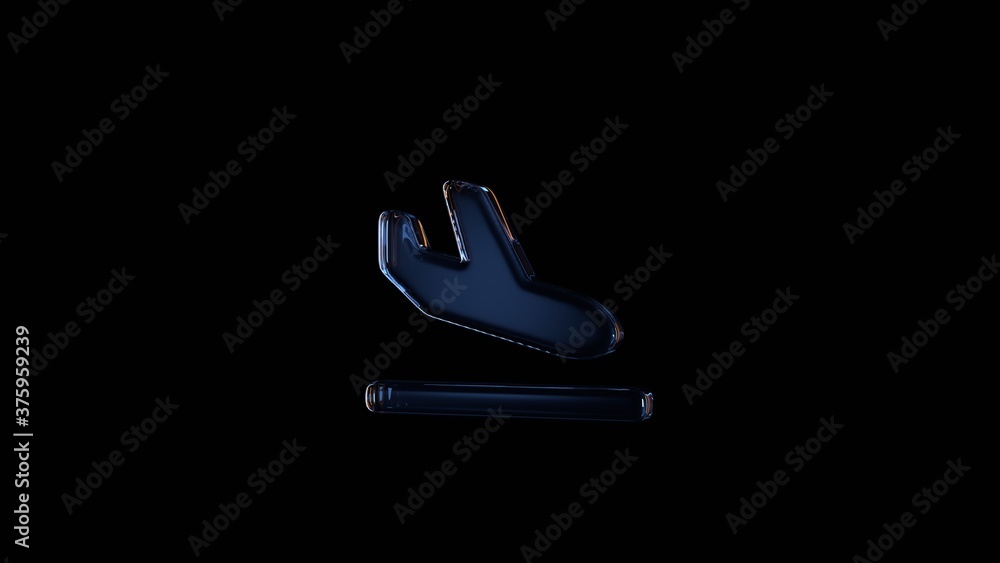 Poster 3d rendering glass symbol of plane arrival isolated on black with reflection