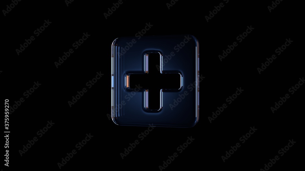 Poster 3d rendering glass symbol of plus square isolated on black with reflection