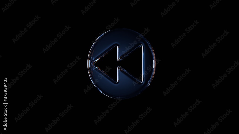 Poster 3d rendering glass symbol of rewind isolated on black with reflection