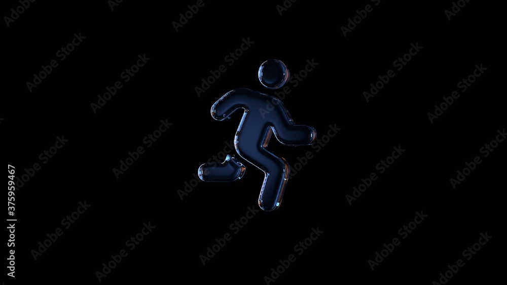 Poster 3d rendering glass symbol of running isolated on black with reflection