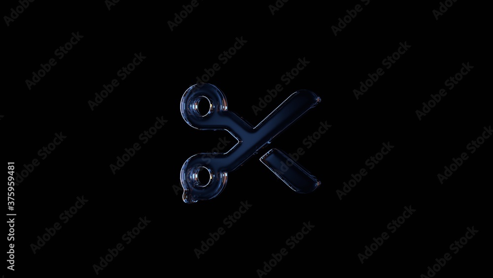 Poster 3d rendering glass symbol of scissors isolated on black with reflection
