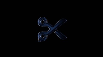 3d rendering glass symbol of scissors isolated on black with reflection