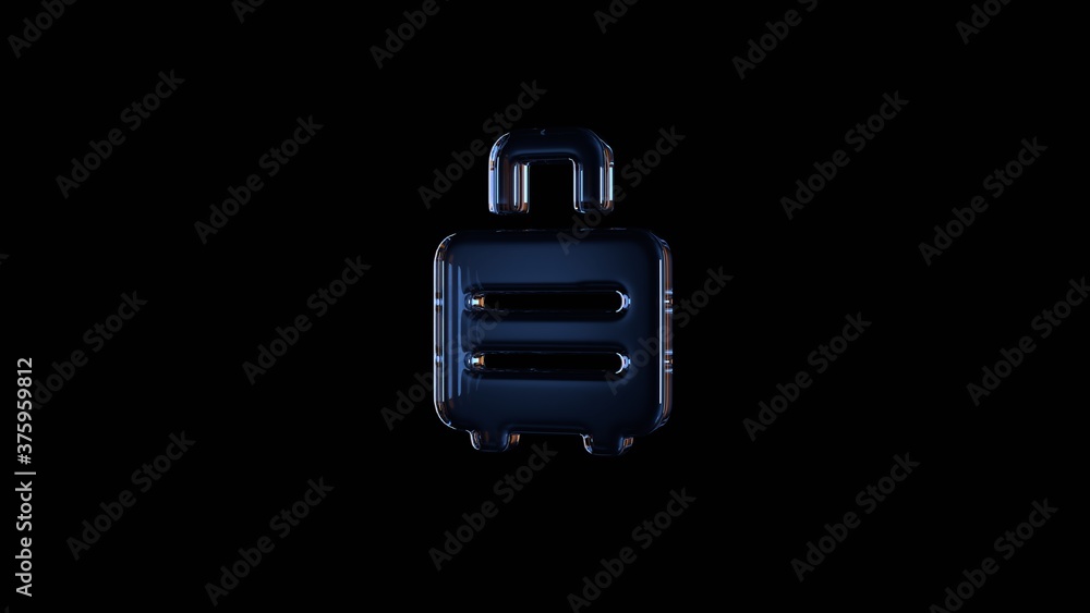 Poster 3d rendering glass symbol of suitcase rolling isolated on black with reflection