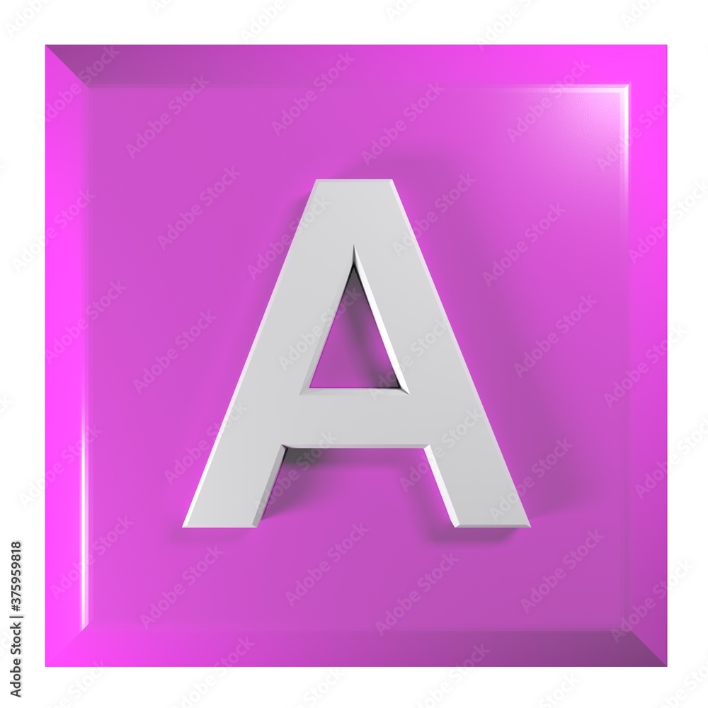 Poster pink square push button with the alphabetic letter a - 3d rendering illustration