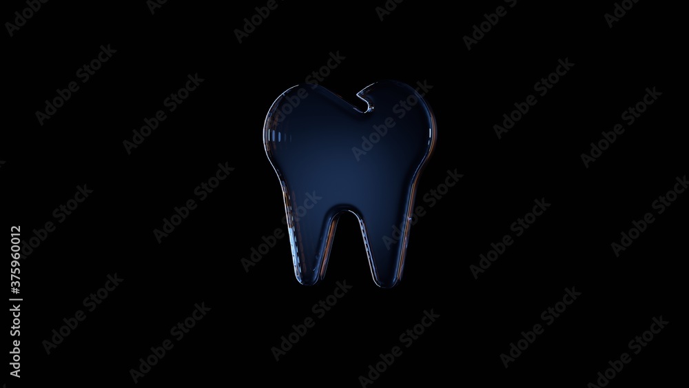 Poster 3d rendering glass symbol of tooth isolated on black with reflection