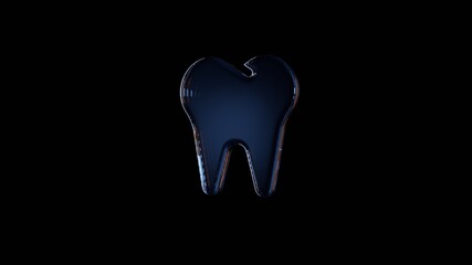 3d rendering glass symbol of tooth isolated on black with reflection