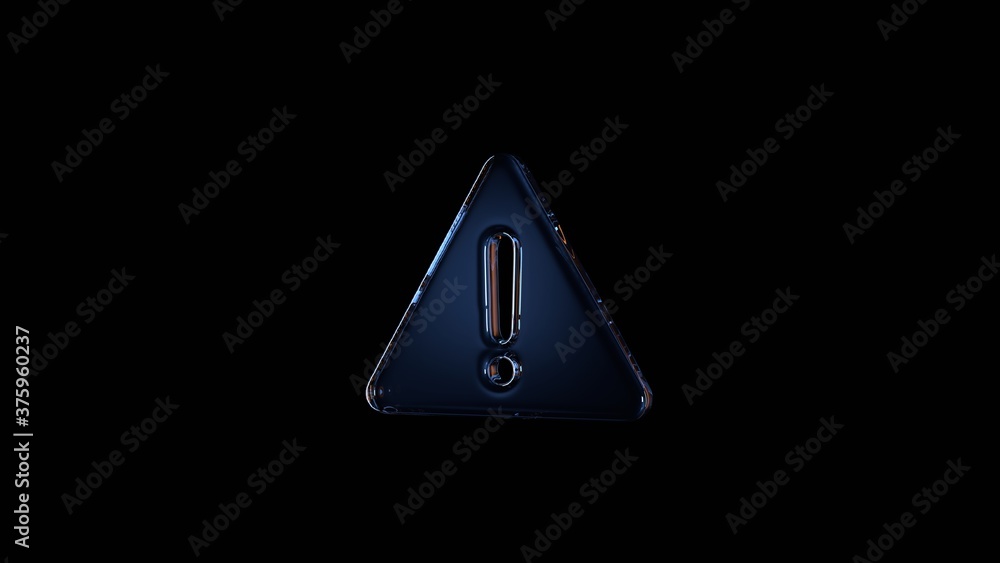Poster 3d rendering glass symbol of warning isolated on black with reflection