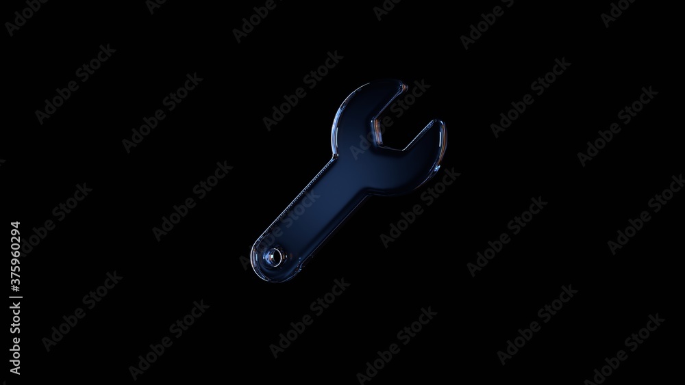 Poster 3d rendering glass symbol of wrench isolated on black with reflection