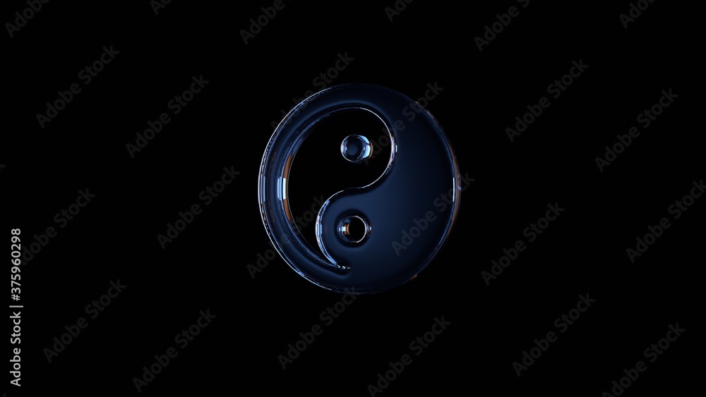 Poster 3d rendering glass symbol of yin yang isolated on black with reflection