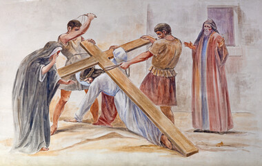 BARCELONA, SPAIN - MARCH 5, 2020: The modern fresco of Fall of Jesus under the cross in the atrium...
