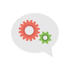 Gears inside speech bubble icon. Communication settings icon.