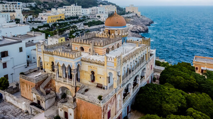 Obraz na płótnie Canvas Aerial view of the Villa Sticchi in Santa Cesarea Terme on the Salento Peninsula in Apulia - Moorish palace in the south of Italy on the coast of the Adriatic Sea