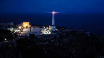 Aerial view of the lighthouse of Santa Maria di Leuca at night - Southernmost point of the Salento...