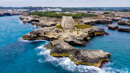 Aerial view of the Torre di Maradico in Roca Vecchia, on the Salento Peninsula in the south if...