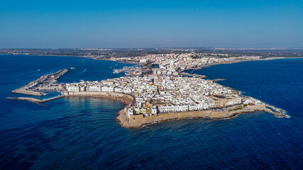 Aerial view of Gallipoli on the Salento peninsula in the south of Italy (Apulia) - Overview of the city built on a narrow peninsula in the Ionian Sea
