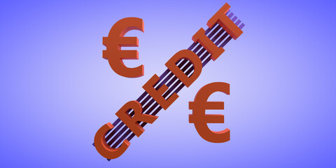A stylized percentage sign with the inscription credit and the euro symbol. 3D-visualization
