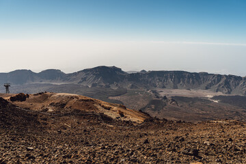Teide National Park. Beautiful view of volcano. Desert area of a volcanic crater with rocks and mountains. Mount in Tenerife. Canary Islands