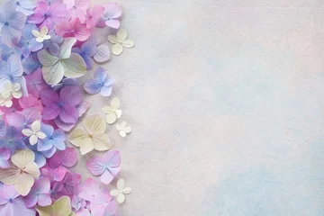 Gordijnen Decorative background with colored hydrangea flowers, space for text © tachinskamarina