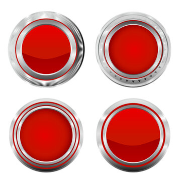 Metallic red buttons.Vector illustration of realistic metallic badge button collection.