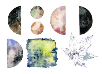 Set of decorative elements for design and creativity. A collection of templates for creating projects and concepts. Watercolor spots on a white background.