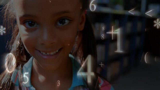Mathematical symbols and numbers over child.