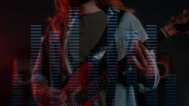 Music over man with guitare and virtual reality interface.