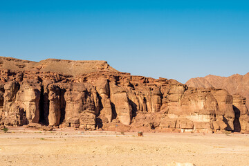 View of the Solomon Pillars Mountains in Timna National Park, Arava Valley. Israel. 