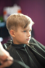 A little cute boy sits in a hairdresser's at the stylist's, a schoolchild is getting hair cut in a...