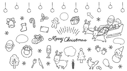 手書き　シンプルでかわいいクリスマス素材のイラストセット線画
