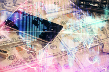 Multi exposure of business theme drawing over us dollars bill background. Concept of financial success.