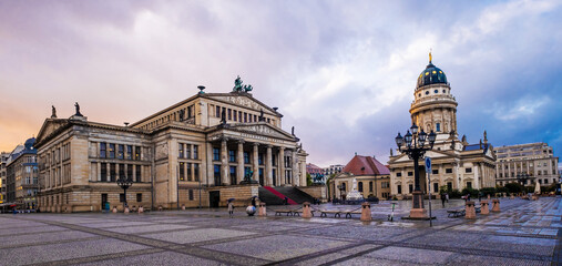 Fototapeta na wymiar Panoramic view of scenic square with Berlin Konzerthaus in Germany